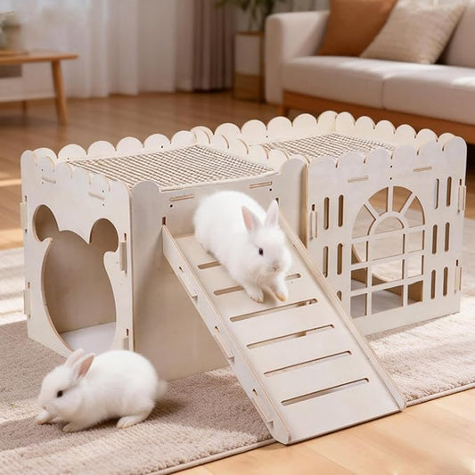 Large Rabbit House with 2PCS Rabbit Scratch Mat, Wooden Bunny Castle with 3 Houses Indoor, Guinea Pig Cage Multistory Climbing Tower Sturdy Wooden Castle, Small Animal Hideaway Tunnel