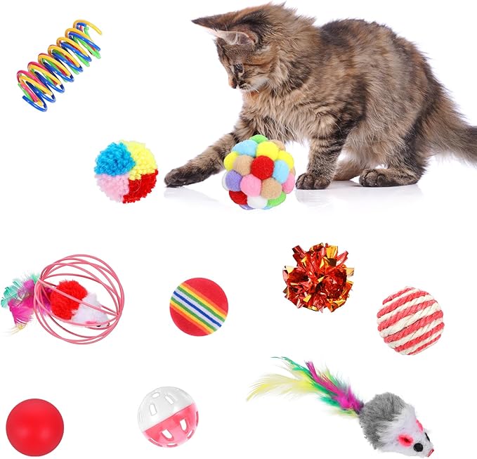 150 Pcs Cat Toys Bulk, Kitten Toys Assorted Cat Toy Variety Pack Cats Toy Bundle with Mice Rainbow Balls/Springs Crinkle Balls/Lattice/Sisal/Table Tennis/Plush/Caged Bell for Indoor Cats Kitty Kitten