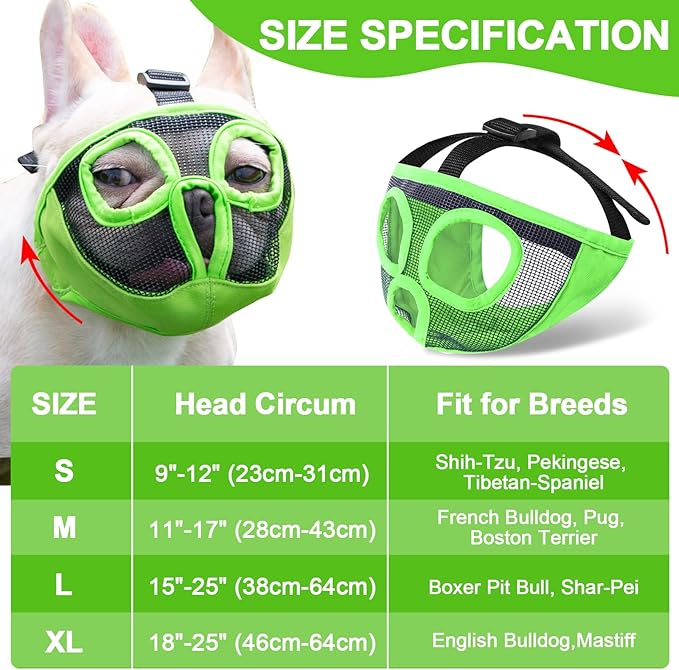 Short Snout Dog Muzzles- Adjustable Breathable Mesh Bulldog Muzzle for Biting Chewing Licking Grooming Dog Mask,Green S