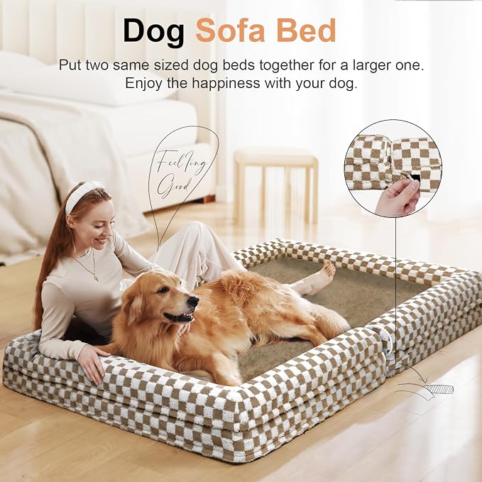 NANUYA Orthopedic Dog Bed for Large Dogs, 38 x 25 Inch, Brown Grid | Egg crate foam for joint support, 3-sided bolster pet sofa, waterproof lining, washable cover, and non-skid base