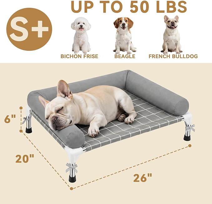 Elevated Dog Bed with 3 Sided Bolster - 20"x26" Raised Pet Cot for Small Dogs, Stainless Steel Frame Portable Dog Sofa for Indoor, Outdoor, Camping and Patio