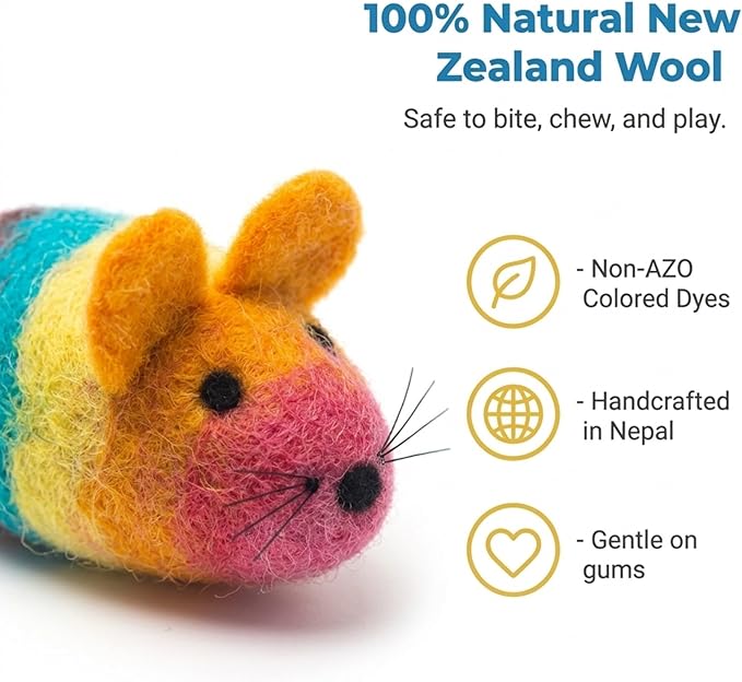 Glaciart One Felt Mouse Cat Toy – Soft Fuzzy Enrichment 100% Natural Wool - Interactive Catnip Play Cat Toy Set - Safe for Pets, Non-AZO Colored Dyes - 100” Long