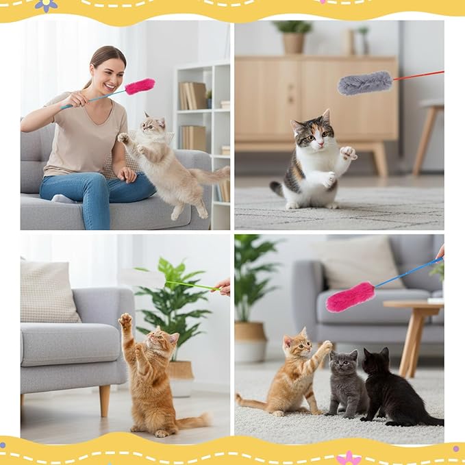 Larrel 5PCS Interactive Cat Wand Toys, Fur Cat Toys, Soft Kitten Teaser Sticks for Indoor Cats, Fur Cats Teaser Wand Set for Playing, Chasing and Exercise Needs (13 Inch Long)