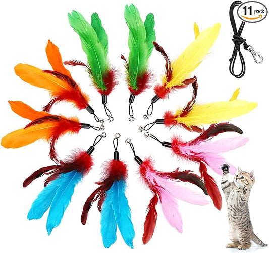 MeoHui 11PCS Cat Feather Toys Refills, 10PCS Feathers and 1PC String, Interactive Cat Wand Toy Replacement for Bored Indoor Adult Cats & Kittens