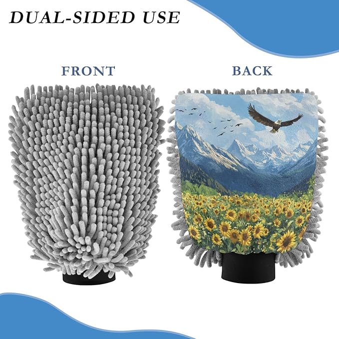 Car Wash Mitt Microfiber Wash Mitts for Car Washing Scratch-Free Cleaning Gloves Soft Non Absorbent Chenille Auto Hand Mitt Large 2Pack Sunflowers Eagles and Blue Mountain