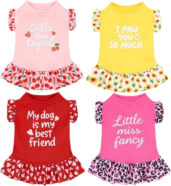 XPUDAC 4 Pack Cute Dog Dress for Small Dog, Floral Puppy Dress Sweet Girl Pet Skirt Outfits Colorful for Birthday Holiday Spring Summer Pet Clothes for Girls, XXS