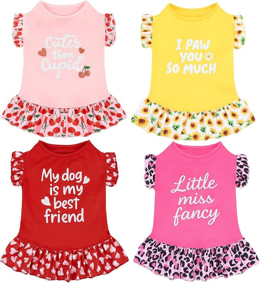 XPUDAC 4 Pack Cute Dog Dress for Small Dog, Floral Puppy Dress Sweet Girl Pet Skirt Outfits Colorful for Birthday Holiday Spring Summer Pet Clothes for Girls, S