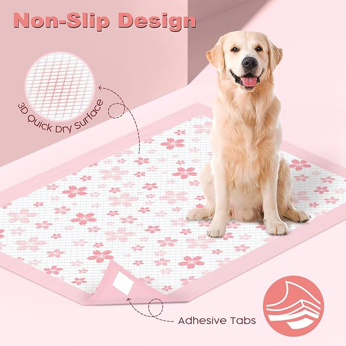 MIZOK 100 Counts Dog Pee Pads Extra Large 28"x34", Potty Pads for Big Dog Breeds, Super Absorbent & Leak-Proof, Pink Cherry Blossom Prints, 4-Corner Adhesive Tabs, Thick & Heavy, XL