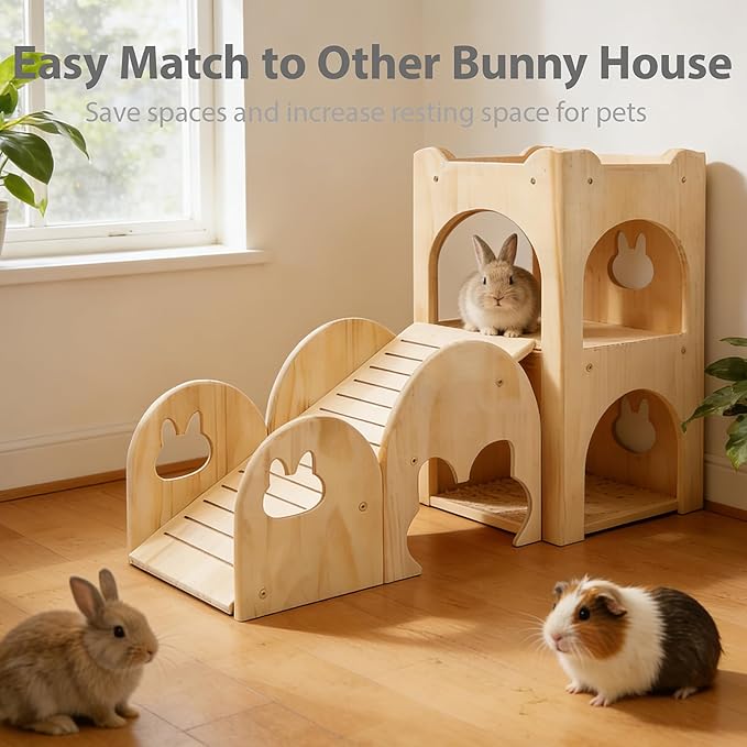 Rabbit Castle Large Guinea Pig Hideout Thicken Solid Wooden Bunny House with Ramp,Rabbit Playhouse for Chinchilla,Hamster,Small Animal Houses & Habitats(Set of 2)