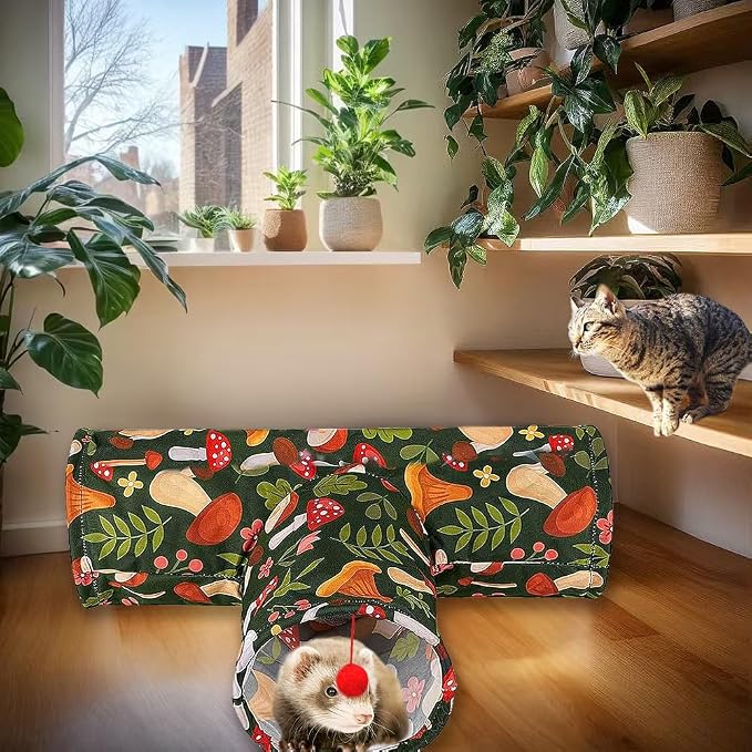 3 Way Washable Hideout Toys, Small Pet Tunnels and Tubes for Baby Rabbit Ferret Hamster Chinchilla Hedgehog Hiding and Resting (Mushroom)