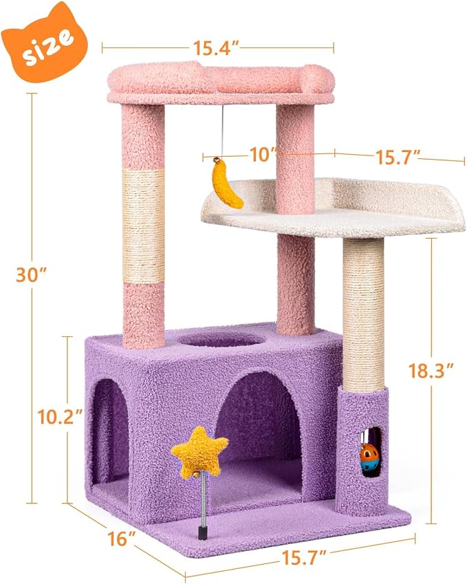 31" Cute Cat Tower for Indoor Kittens with Cat Condo, Plush Platform, Hammock, Sisal Scratching Posts, Dangling Ball, Tall Cat Tree Tower with Self-Grooming Brush (Moonlit Violet)