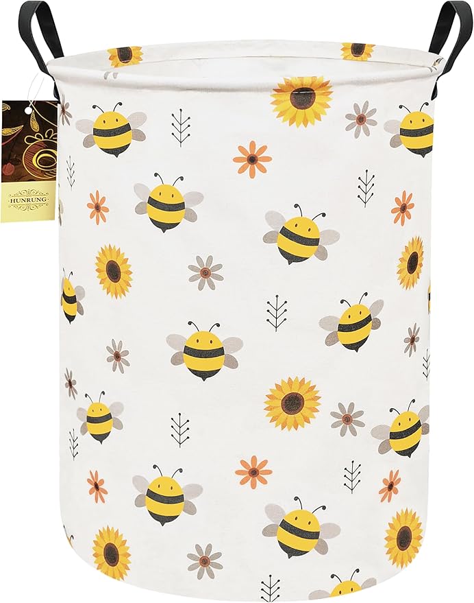 Collapsible Fabric Storage Basket, Waterproof Laundry Hamper with Handles, Round Storage Bin for Clothes Toys, Foldable Organizer for Bedroom Nursery Bathroom(Round-Bee)