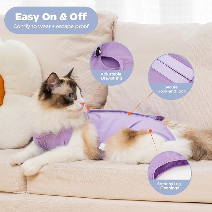 Avont Cat Recovery Suit, Post-Surgery Protective Vest, Purple M | Breathable & comfortable cat onesie for cats after surgery female. Soft alternative to cone. Machine washable