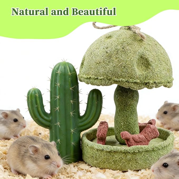 Hamster Chew Toys, Carousel Shape Natural Chew Toy with Hanging Rope, Bunny Toys for Rabbits Indoor, Toy for Rat, Hamster, Guinea Pig and Other Small Animals