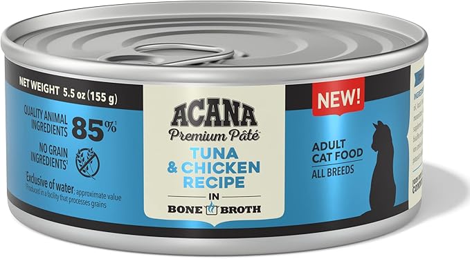 ACANA Premium Pate Wet Cat Food in Bone Broth Tuna + Chicken Recipe 5.5oz Cans (12 count)
