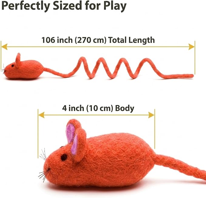 Glaciart One Felt Mouse Cat Toy – Soft Fuzzy Enrichment 100% Natural Wool - Interactive Catnip Play Cat Toy Set - Safe for Pets, Non-AZO Colored Dyes - 100” Long