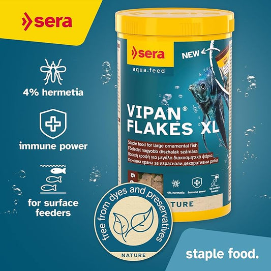 sera Vipan Tropical Flakes XL 7.4 oz. I Premium XL Staple Food for Ornamental Fish | Insect Meal & Prebiotic Effect | Free from Colorants and Preservatives | Perfect for Surface Feeders