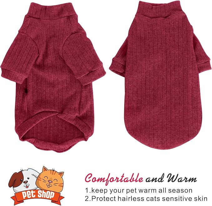 Idepet Sphynx Hairless Cats Sweater Shirt Kitten Soft Puppy Clothes Pullover Cute Cat Pajamas Jumpsuit Cotton Apparel Pet Winter Turtleneck for Cats and Teacup Chihuahua Small Dogs(Red,S)