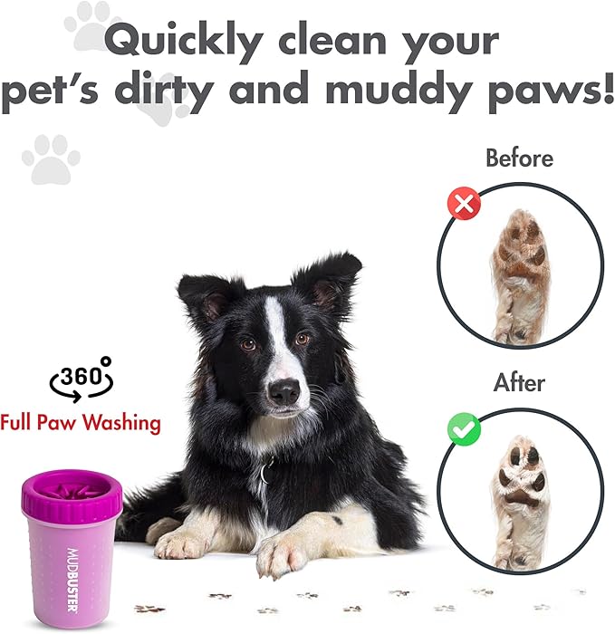 Dexas MudBuster Medium Dog Paw Cleaner in Fuchsia - Fits 1.5"-2.5" Wide Paws, Portable Paw Washer for Muddy Paws, Dog Paw Cleaning Cup with Gentle Silicone Bristles, Quick Clean Pet Paw Washer