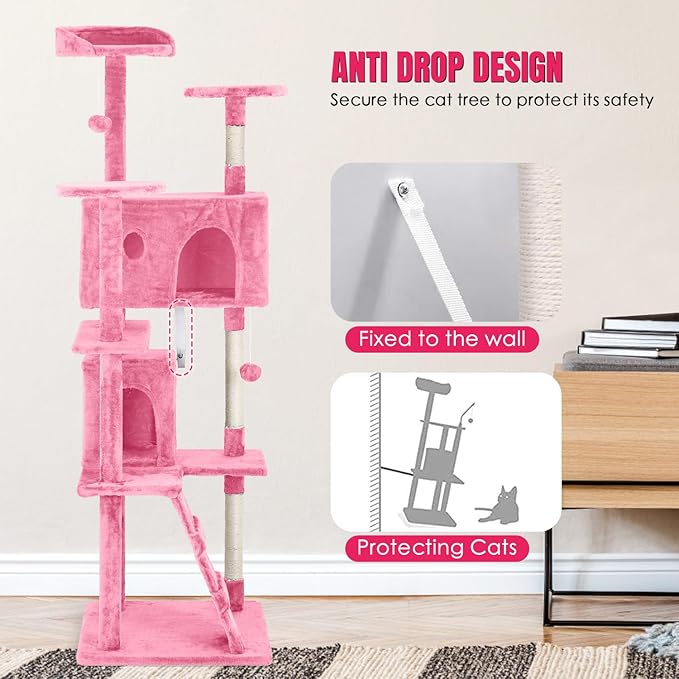 PayLessHere Cat Tree 70in Tower with Scratching Post, Multi-Level Cat Condo Stand House, Kitty Activity Center with Furry Ball Toys, Pink