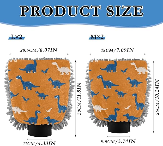 Car Wash Mitt Microfiber Wash Mitts for Car Washing Scratch-Free Cleaning Gloves Soft Non Absorbent Chenille Auto Hand Mitt Medium 2Pack Cute Orange Dinosaurs