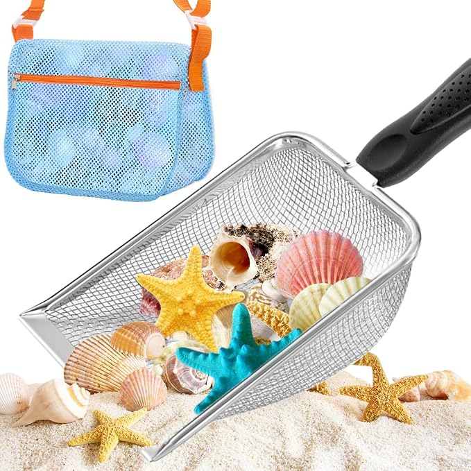 Beach Mesh Shovel and Shell Bag Set, Shark Tooth Sifter Dipper with Mesh Beach Bags for Shell Collecting, Kids Sand Filter Scooper Toys for Toddlers Shelling Picking Up (Black)