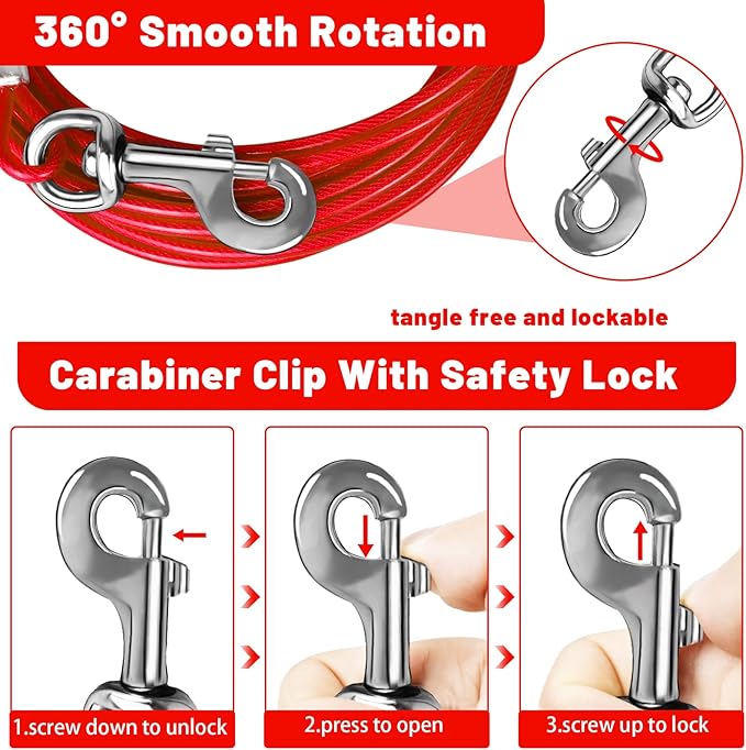 Dog Tie Out Cable 10/15/20/25/30 FT Dog Runner for Yard Steel Wire Dog Cable with Durable Superior Clips Red Dog Chains for Outside Dog Lead for Large Dogs Up to 165 lbs