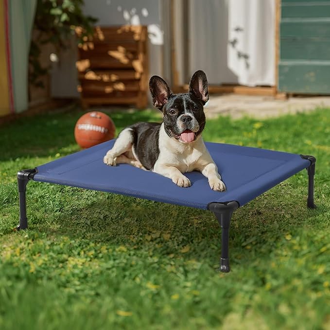 Veehoo Outdoor Elevated Dog Bed for Medium Dogs, Cooling Raised Dog Cots Beds Training Platform Off Ground Hammock with Breathable Mesh, No-Slip Feet, 32"x25", Blue