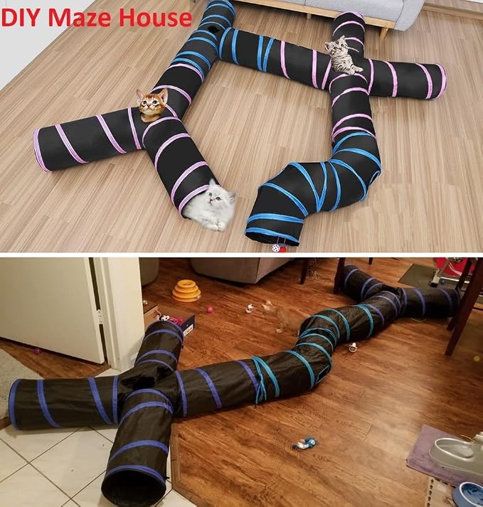 Cat Tunnels, Pet Ferret Rabbit Bunny Tunnels Tubes Subway Habitats, S-Style, DIY Cat Peekaboo Maze House Tent Bed, Kitten Interactive Toy (S Type: 4 Way Tubes)