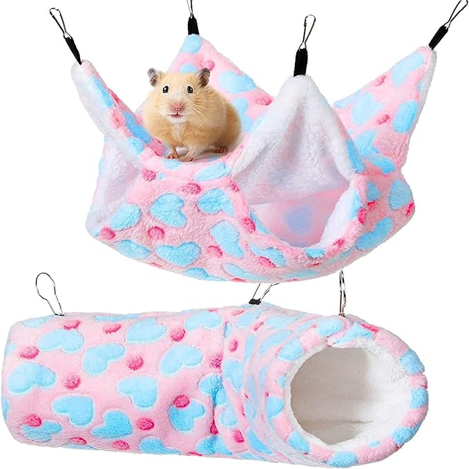 Double Hammock Hanging Tunnel for Ferret Bed and Cage Accessories, Rat Cage Hammock, Sugar Glider Toys(Pink,Heart)