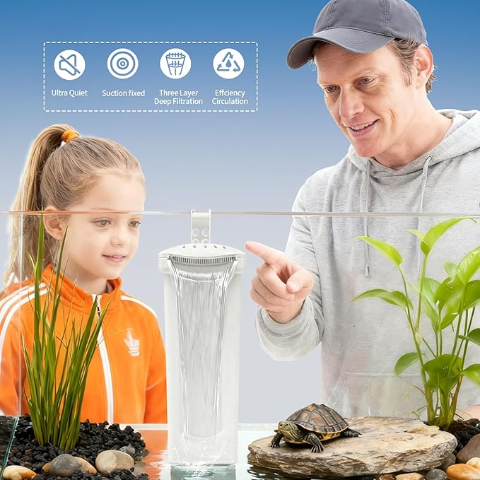 Small Aquarium Filter, Fish Tank Filter, Turtle Tank Filter,Ultra Silent 3.5W Low-Water Reptile Waterfall Filter for 1-15 Gallon (White Filter)