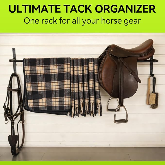 2Pcs Heavy Duty Horse Blanket Rack with Bridle Hooks, Wall Mounted Assembled Blanket Bar, Saddle Pad Rack for Horse Tack Storage, Black
