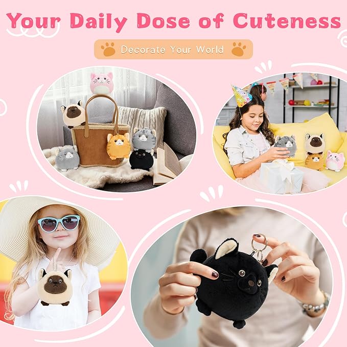 Muiteiur 6Pcs Cat Stuffed Animal Keychain Set, 3.94 Inch Adorable Plush Cats with Clip, Small Stuffed Animal Gift for Cat Lovers
