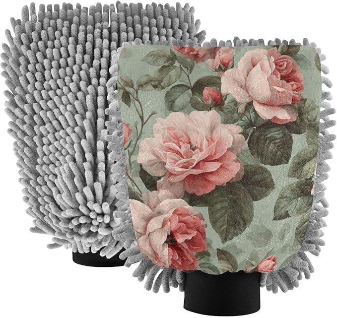 Car Wash Mitt Microfiber Wash Mitts for Car Washing Scratch-Free Cleaning Gloves Soft Non Absorbent Chenille Auto Hand Mitt Large 2Pack Sage Green Elegant Roses with Leaves