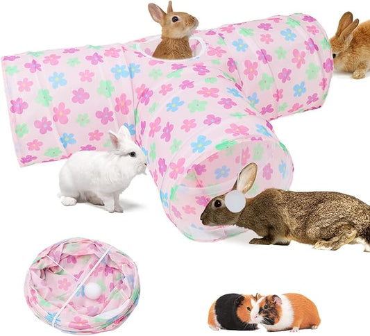 BWOGUE Bunny Tunnels & Tubes Collapsible 3 Way Bunny Hideout Small Animal Activity Tunnel Toys for Dwarf Rabbits Guinea Pigs Kitty