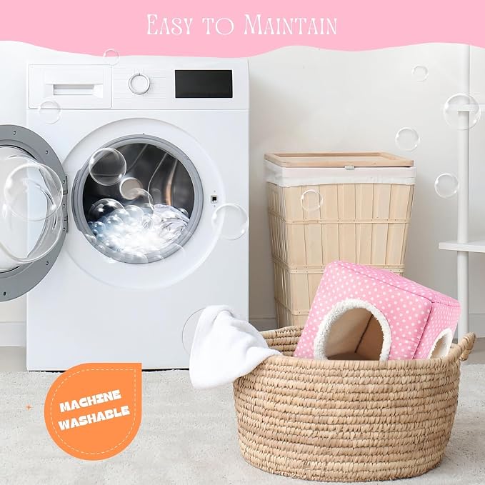Guinea Pig Hideout with 2 Removable Mat, Two Entrances, Dwarf Rabbit Bed, Washable Bunny House, Small Pet Accessories Pink Dot