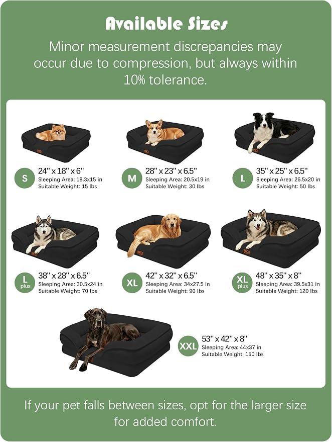 Spotted Play Orthopedic Dog Bed with Sides - Sofa Beds for Extra Large Dogs, Supportive Foam Pet Couch Bed with Washable Removable Cover, Waterproof Lining and Non-Slip Bottom, Black - XL