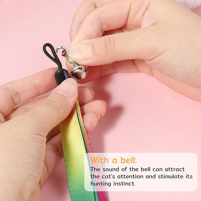 5 Pcs Cat Ribbon Toy, Cat Toy Wand Replacement Interactive Kitten Rainbow Toys Wand, Portable Cats Teaser Wands, Kitten Ribbon Refill Attachment Toys with Bell for Most Cats Kittens Small Pets
