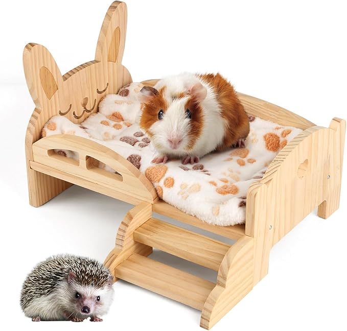 Wooden Guinea Pig Bed with Mat 13.5IN X 9.3IN Detachable Hideout with Stairs Small Animal Cute Warm Habitats for Hamsters Ferret Bunny Sleeping Hiding