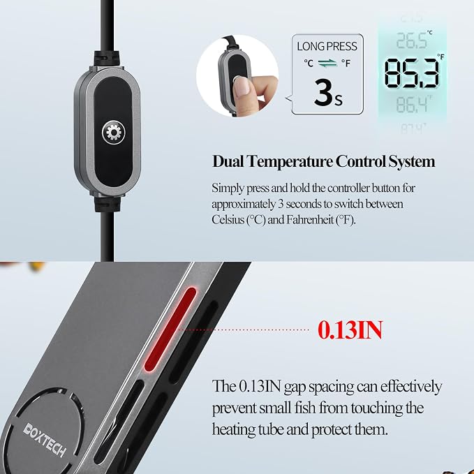 boxtech Betta Fish Tank Heater - Small Aquarium Heater 75w for Turtle Tank with Led Digital Display, External Temperature Controller for 8 to 17 Gallon Tanks