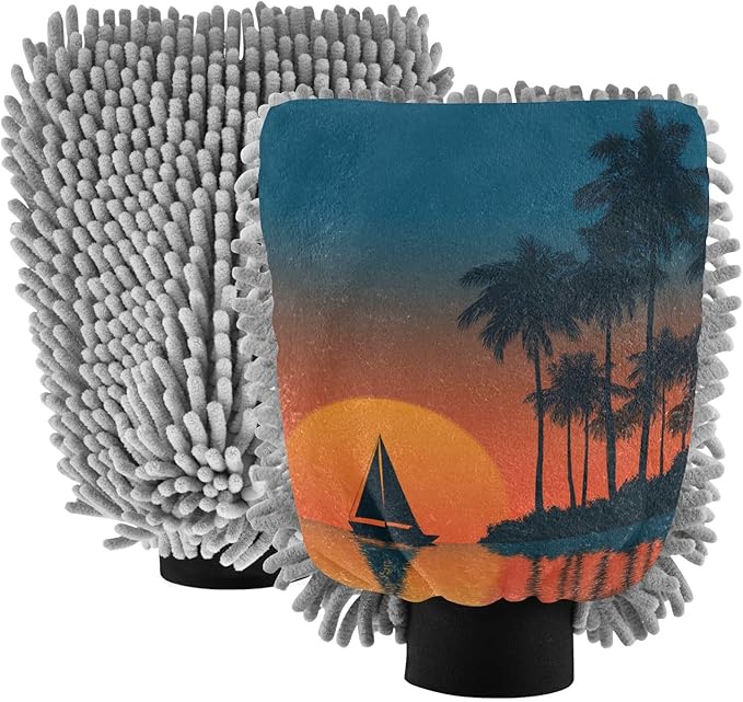 Car Wash Mitt Microfiber Wash Mitts for Car Washing Scratch-Free Cleaning Gloves Soft Non Absorbent Chenille Auto Hand Mitt Large 2Pack Tropical Sunset Ships Blue