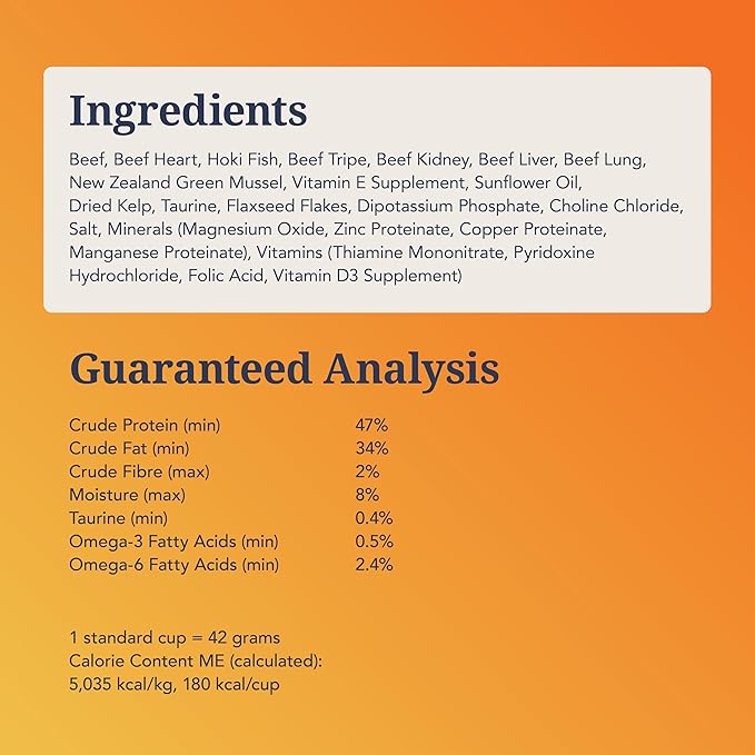 Feline Natural High Protein Dry Cat Food, Freeze-Dried Diet with 98% Meat, Organs & Seafood, No Peas, Grains, or Artificial Additives, Made in New Zealand, Beef & Hoki, 11oz