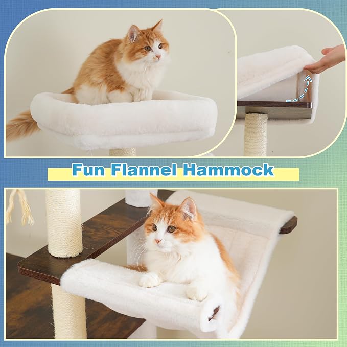 Hey-brother Wooden Cat Tree, 69.7 inch Cats Furniture Tower with Large Platforms, Hammocks, Spacious Condo, Full Sisal Scratching Posts, Ladder, Brush, Water Proof Surface, Rustic Brown MPJ121SR