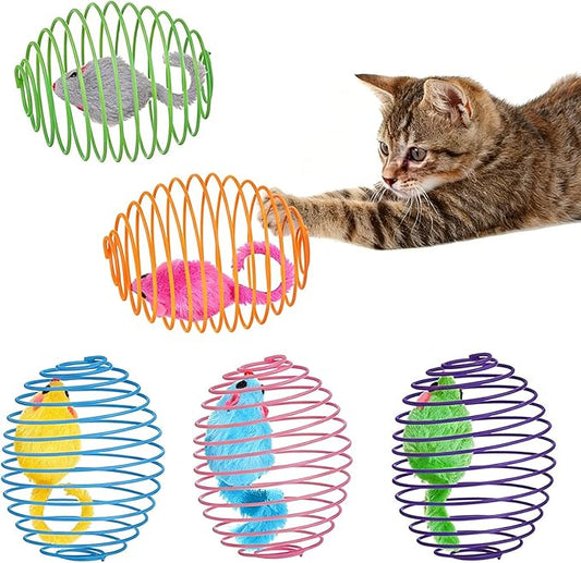 5 Pack Cat Spring Cage Balls with Plush Mouse - Interactive Wire Rattle Toy for Indoor Cats & Kittens - Durable Metal Rolling Mouse Toys for Bored Cats Exercise (Random Colors)