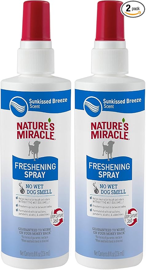 Nature's Miracle Freshening Spray for Dogs Freshens Dog’s Coat Between Baths and Neutralizes Tough Odors with Sunkissed Breeze Scent, 8 Ounces (Pack of 2)