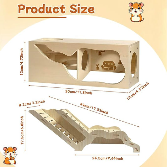 Hamster Hideout & Tunnel Set, 2Pcs Wooden House with Climbing Ladder, Exploration Tubes & Observation Shed for Syrian Hamsters, Dwarf Hamsters, Mice, Gerbils, Rats, and Other Small Animals
