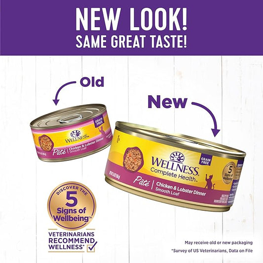 Wellness Complete Health Pate Adult Canned Wet Cat Food, Natural, Protein Rich, Grain Free, Chicken and Lobster Dinner Recipe, 5.5 oz, Pack of 24 Cans