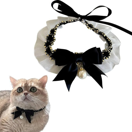 Elegant Lace Cat Collar with Cute Bow,Kitty Necklace with Bow Tie and Pearl,Pet Lace Bib Collar with Cute Bow,Cat Princess Costumes,Black,1 Piece