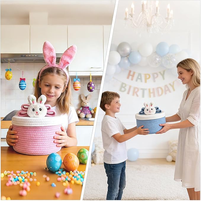 Cute Storage Baskets with Lids, Small Round Woven Rope Basket with Lid, Small Toy Box for Kids or Cat, Cute Basket for Gift, Decorative Basket with Chic Bow Handle, Pink