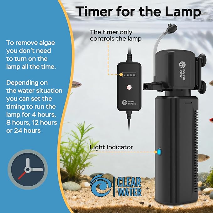 AquaMiracle Fish Tank Filter with Timer & Filter Sponge, 300GPH U - V Aquarium Filter with Aeration & Rainfall Modes, Effective Turtle Filter for Green Water Control (60-150 Gal Tank)